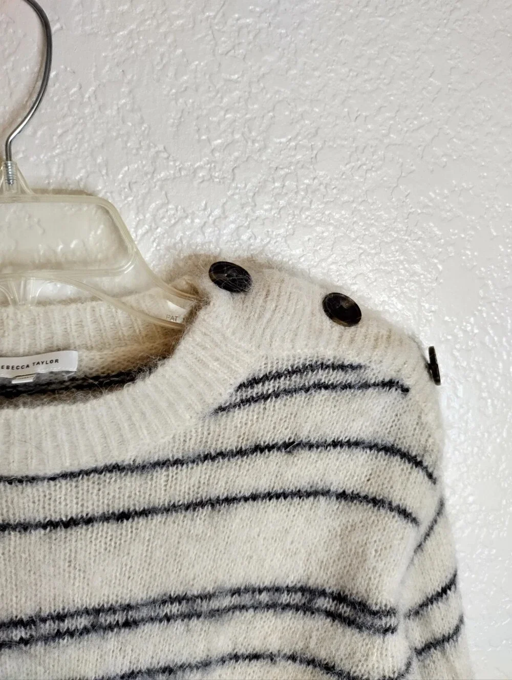 Rebecca Taylor Brushed Knit Monhair Striped Buttoned Shoulder Sweater Size Xs